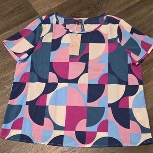 Geometric Print Short Sleeve Top - Blue, Pink & White